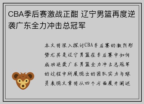 CBA季后赛激战正酣 辽宁男篮再度逆袭广东全力冲击总冠军